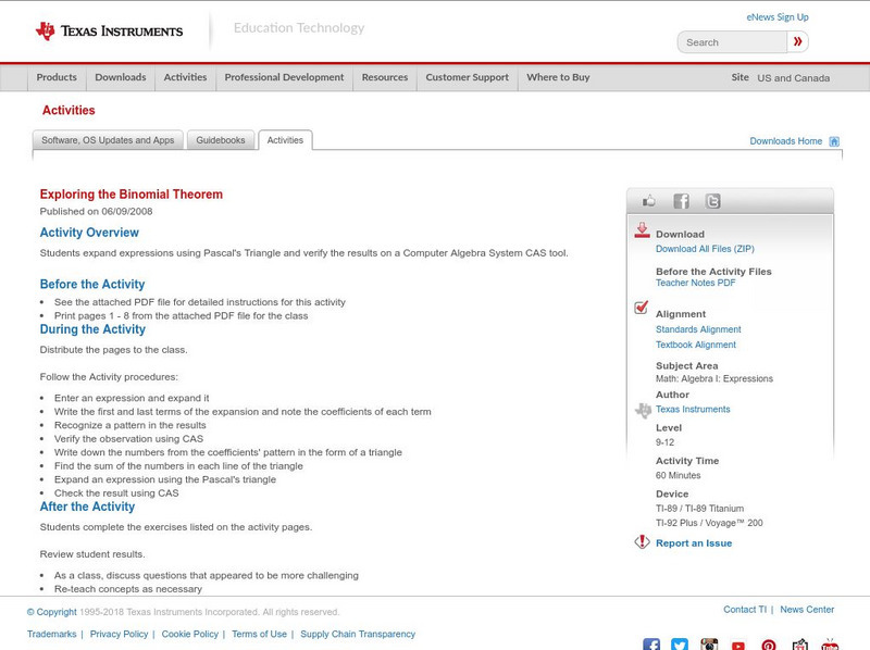 Texas Instruments: Exploring the Binomial Theorem Activity Texas Instruments: Exploring the Binomial Theorem Activity