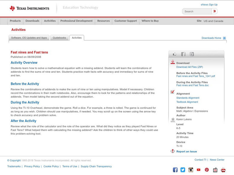 Texas Instruments: Fast Nines and Fast Tens Activity Texas Instruments: Fast Nines and Fast Tens Activity