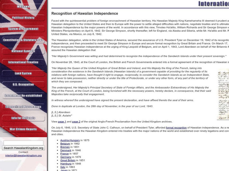 Hawaiian Kingdom: Recognition of Hawaiian Independence Handout
