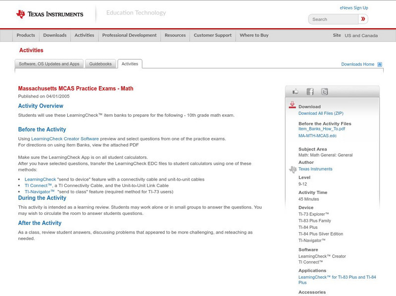 Texas Instruments: Massachusetts Mcas Practice Exams Math Activity