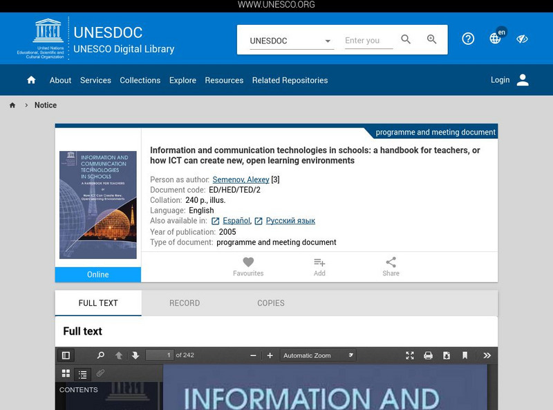 Unesco: Information and Communication Technologies in Schools Handout Unesco: Information and Communication Technologies in Schools Handout