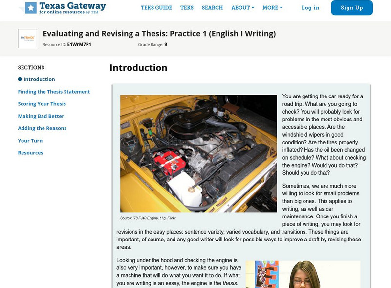 Texas Gateway: Evaluating and Revising a Thesis: Practice 1 Unit Plan Texas Gateway: Evaluating and Revising a Thesis: Practice 1 Unit Plan