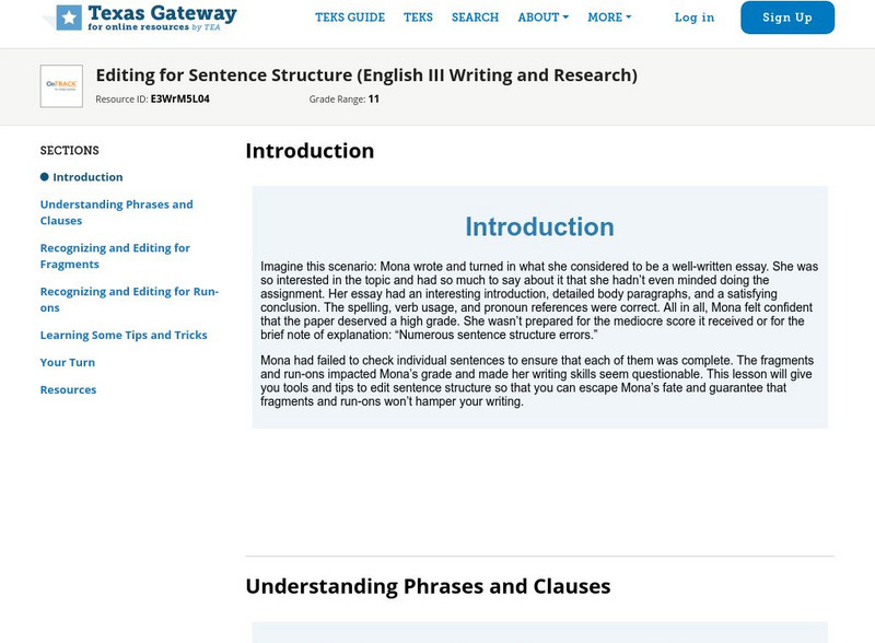 Texas Gateway: Editing for Sentence Structure Unit Plan Texas Gateway: Editing for Sentence Structure Unit Plan