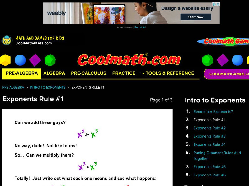 Coolmath: Intro to Exponents Exponents Rule #1 Activity Coolmath: Intro to Exponents Exponents Rule #1 Activity
