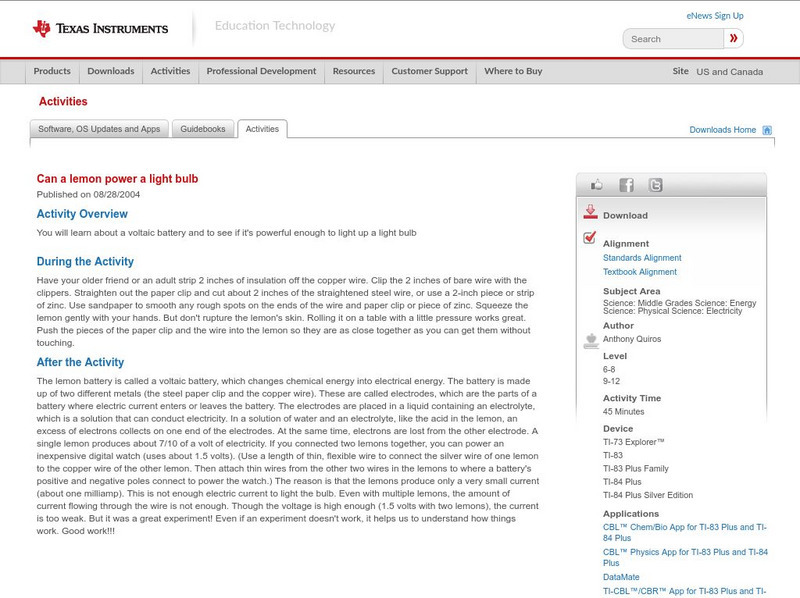 Texas Instruments: Can a Lemon Power a Light Bulb Activity Texas Instruments: Can a Lemon Power a Light Bulb Activity