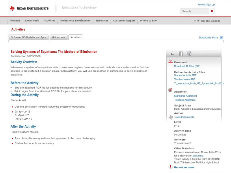 Texas Instruments: Solving Systems of Equations: The Method of Elimination Activity