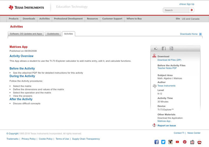 Texas Instruments: Matrices App Activity Texas Instruments: Matrices App Activity