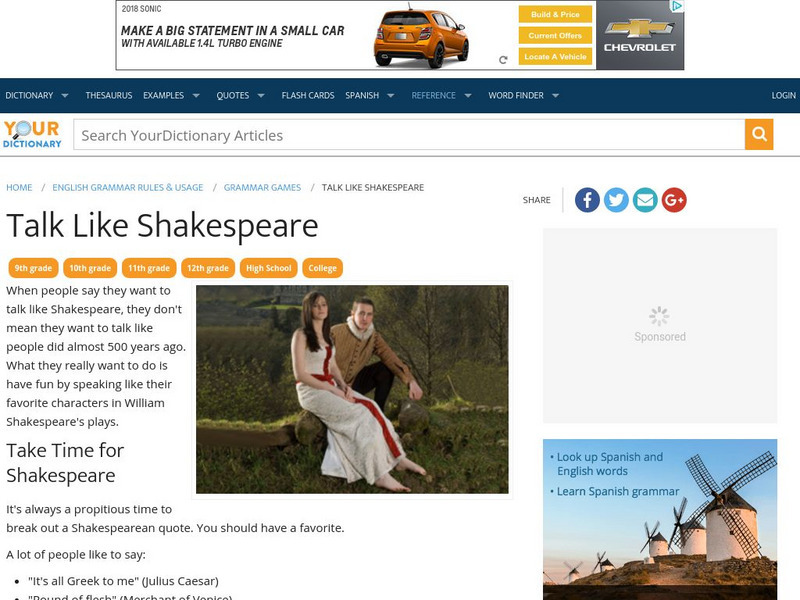 Your Dictionary: Talk Like Shakespeare Article Your Dictionary: Talk Like Shakespeare Article