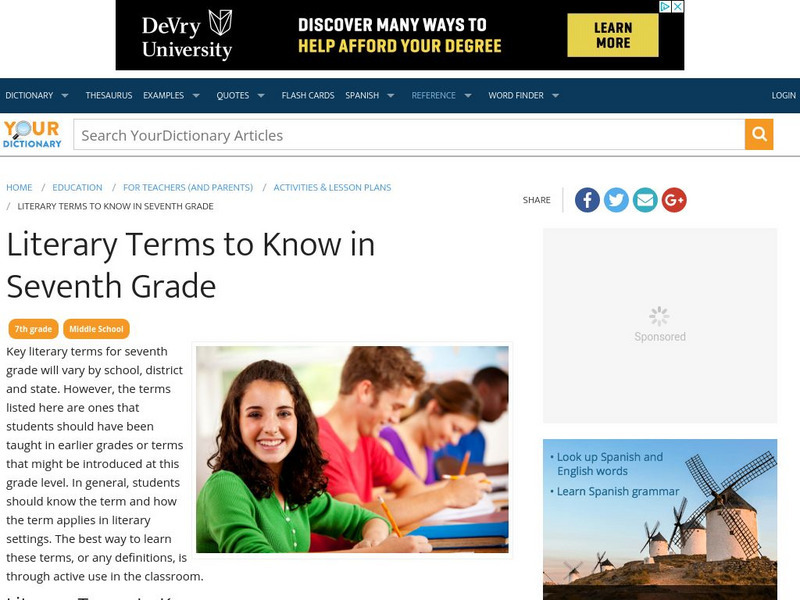 Your Dictionary: Literary Terms to Know in Seventh Grade Handout Your Dictionary: Literary Terms to Know in Seventh Grade Handout