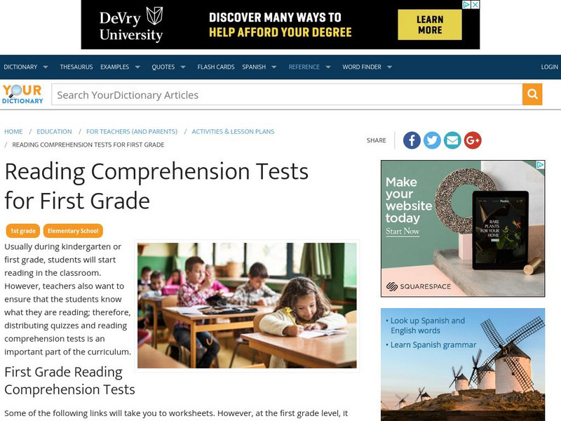 Your Dictionary: Reading Comprehension Tests for First Grade Unit Plan Your Dictionary: Reading Comprehension Tests for First Grade Unit Plan