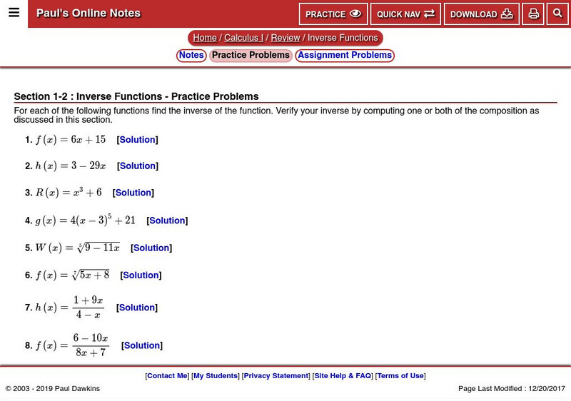 Paul's Online Notes: Inverse Functions Practice Problems Unit Plan