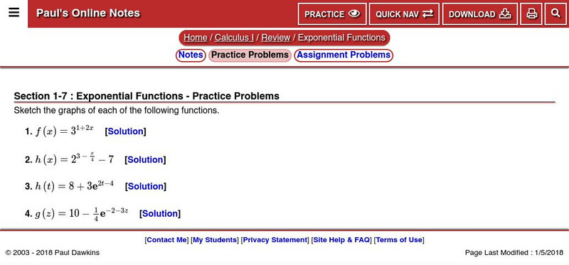 Paul's Online Notes: Exponential Functions Practice Problems Activity