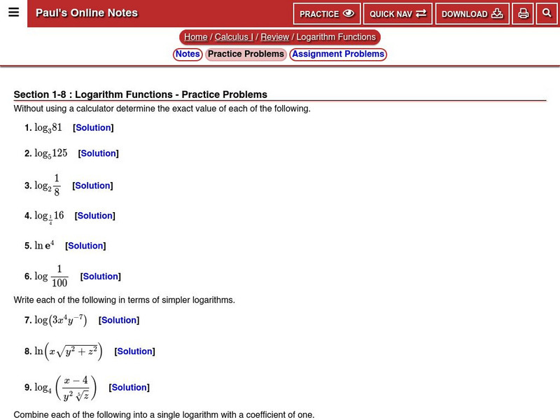 Paul's Online Notes: Logarithmic Functions Practice Problems Activity ...
