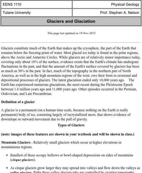 Tulane University: Physical Geology: Glaciers and Glaciation Handout Tulane University: Physical Geology: Glaciers and Glaciation Handout