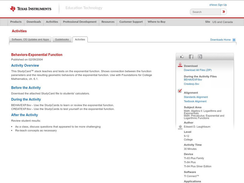 Texas Instruments: Behaviors Exponential Function Activity