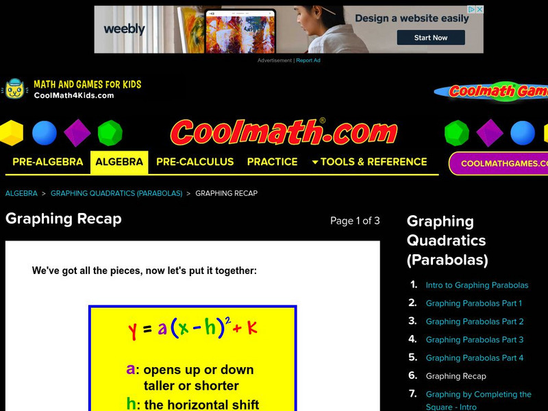Coolmath: Graphing Quadratics Recap Activity Coolmath: Graphing Quadratics Recap Activity