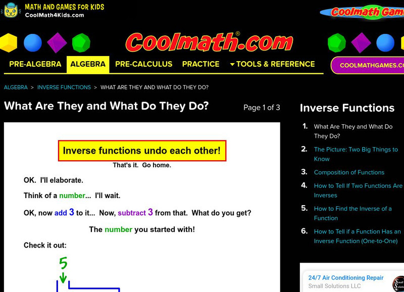 Coolmath: Inverse Functions What Are They and What Do They Do? Activity