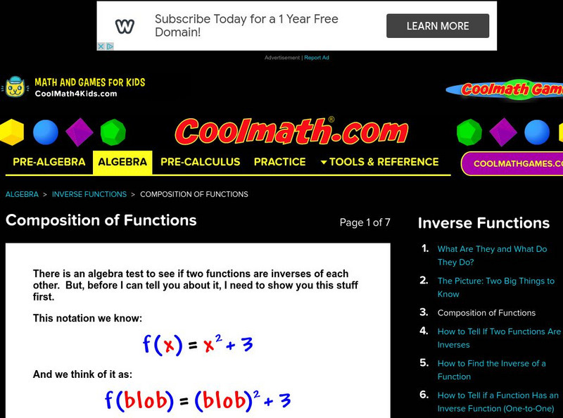 Coolmath: Inverse Functions Composition of Functions Activity