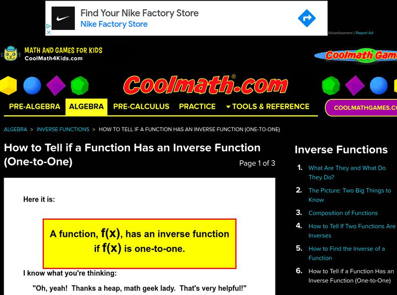 Coolmath: How to Tell if a Function Has an Inverse Function (One to One) Activity Coolmath: How to Tell if a Function Has an Inverse Function (One to One) Activity