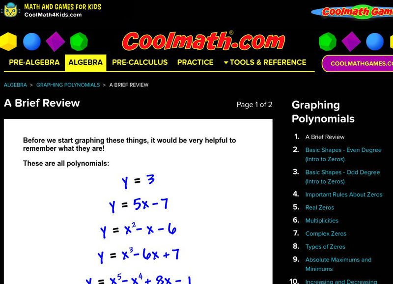 Coolmath: Graphing Polynomials a Brief Review Activity Coolmath: Graphing Polynomials a Brief Review Activity