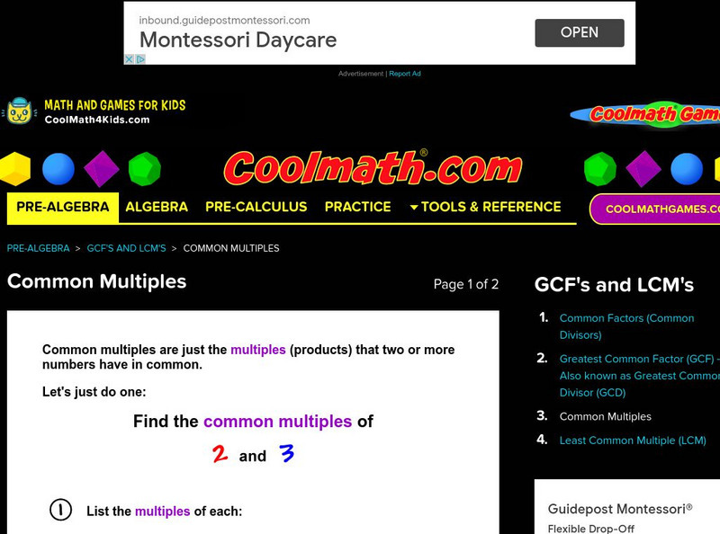 Coolmath: Gcf's and Lcm's Common Multiples Activity Coolmath: Gcf's and Lcm's Common Multiples Activity