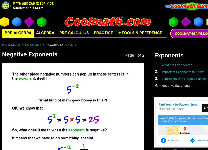 Coolmath: Exponents Negative Exponents Activity Coolmath: Exponents Negative Exponents Activity