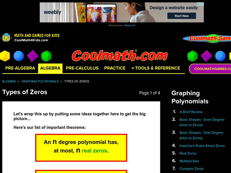 Coolmath: Graphing Polynomials Types of Zeros Activity