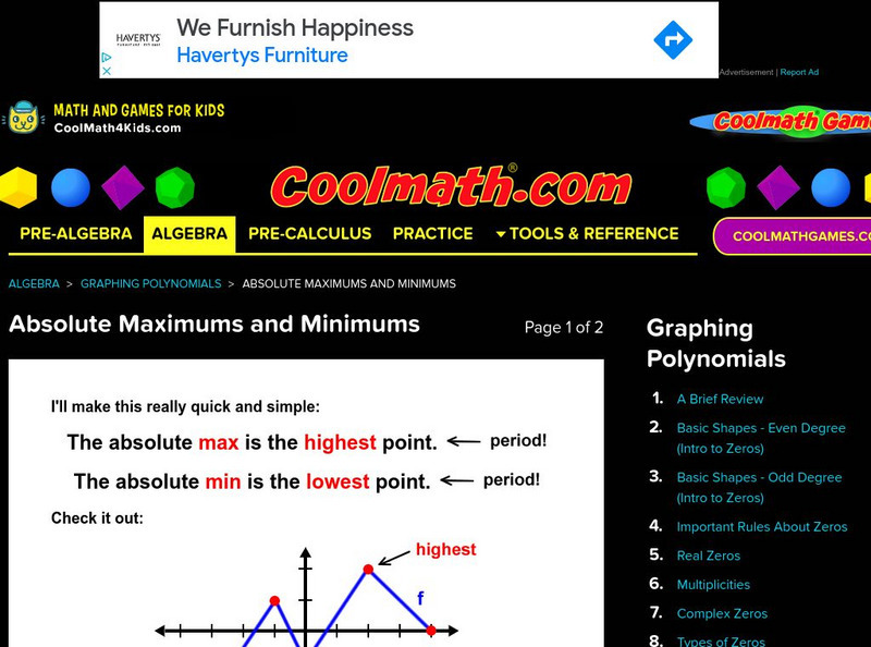 Coolmath: Graphing Polynomials Absolute Maximums and Minimums Activity