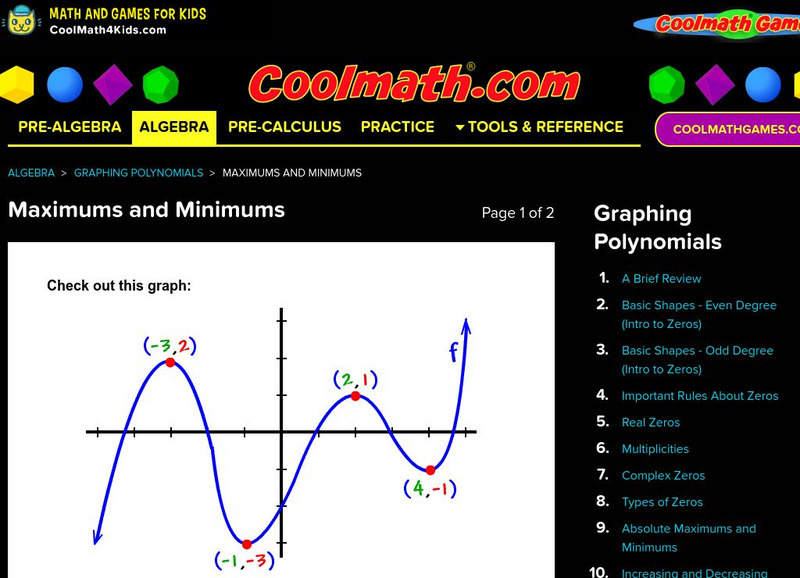 Coolmath: Graphing Polynomials Maximums and Minimums Activity