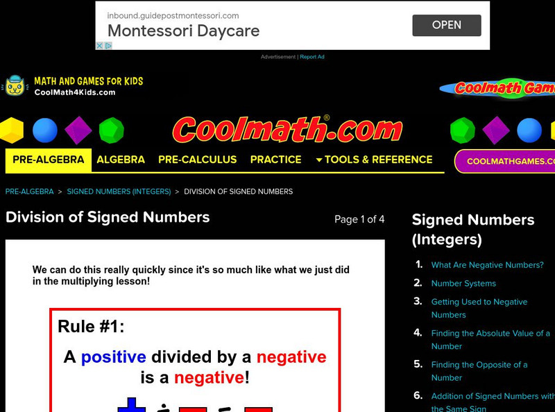 Coolmath: Division of Signed Numbers Activity