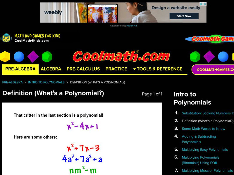 Coolmath: Definition (What's a Polynomial?) Activity