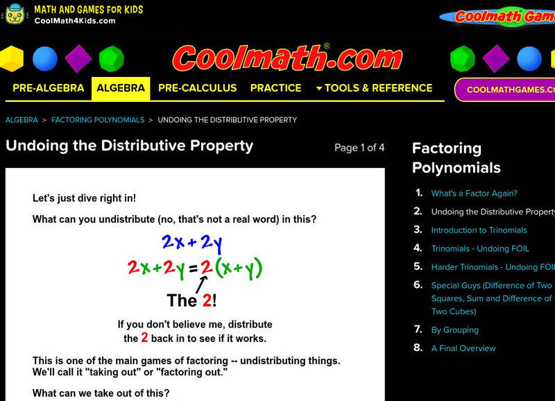 Coolmath: Factoring Polynomials Undoing the Distributive Property Activity Coolmath: Factoring Polynomials Undoing the Distributive Property Activity