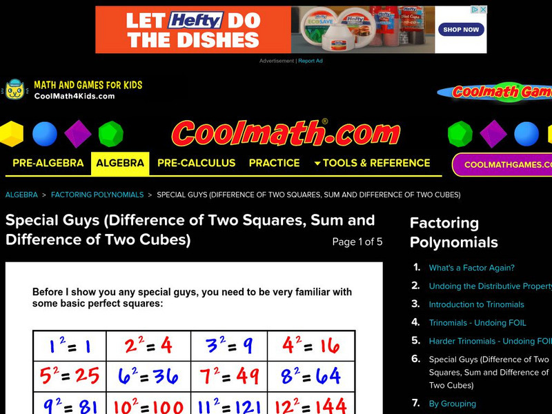 Coolmath: Difference of Two Squares, Sum and Difference of Two Cubes Activity Coolmath: Difference of Two Squares, Sum and Difference of Two Cubes Activity