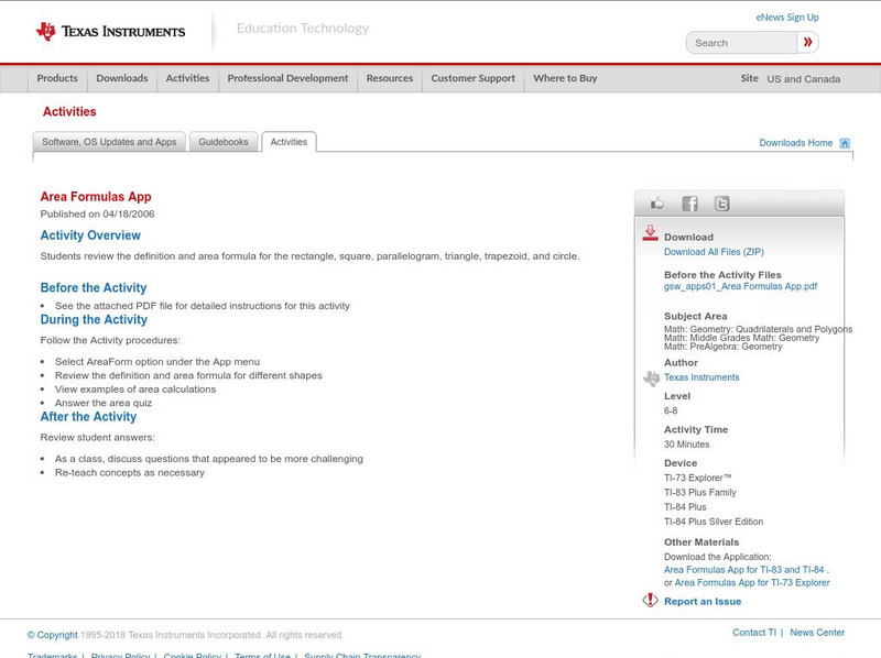 Texas Instruments: Area Formulas App Activity Texas Instruments: Area Formulas App Activity