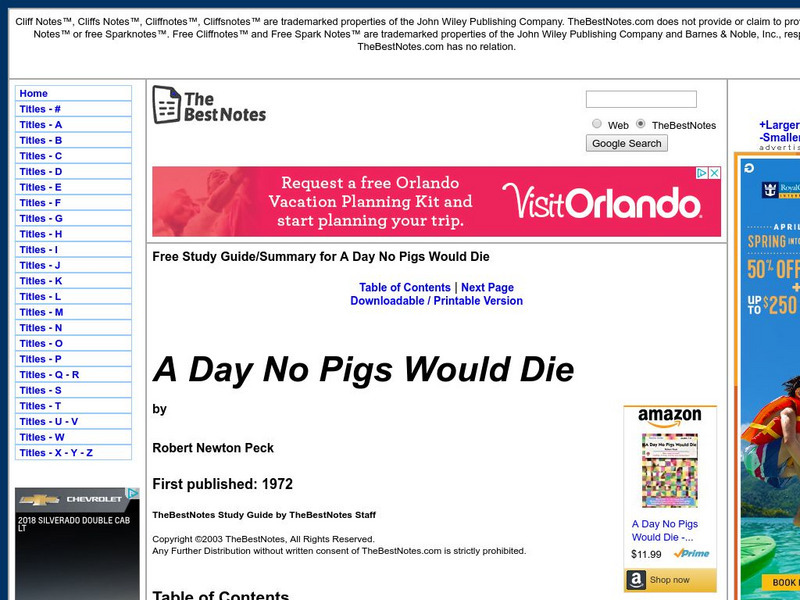 The Best Notes: A Day No Pigs Would Die by Robert Newton Peck Unit Plan The Best Notes: A Day No Pigs Would Die by Robert Newton Peck Unit Plan