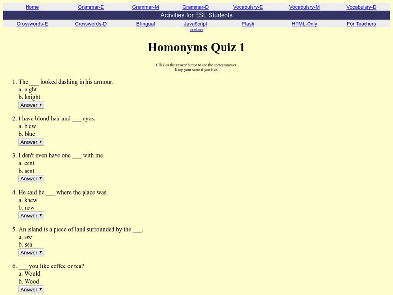 Activities for Esl Students: Homonyms Quiz 1 I Tesl J Unknown Type Activities for Esl Students: Homonyms Quiz 1 I Tesl J Unknown Type