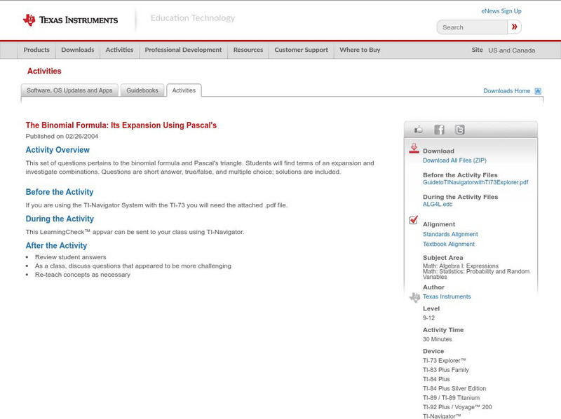 Texas Instruments: The Binomial Formula: Its Expansion Using Pascal's Activity