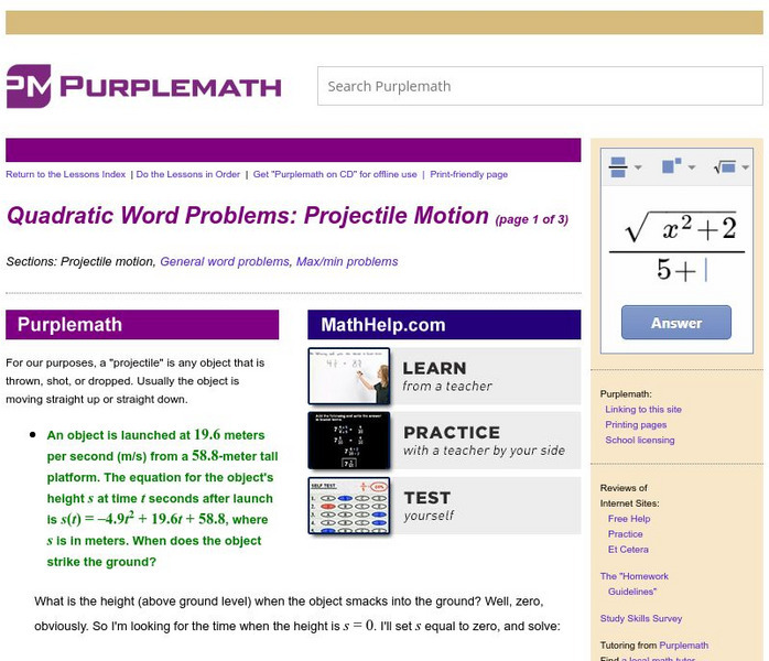 Purplemath: Quadratic Word Problems: Projectile Motion Handout Purplemath: Quadratic Word Problems: Projectile Motion Handout