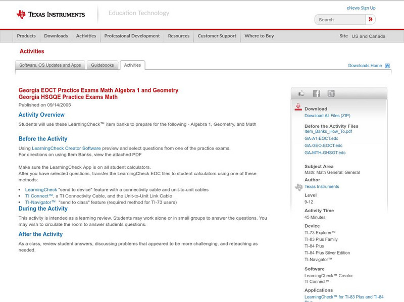 Texas Instruments: Georgia Practice Exams for Math, Algebra 1 and Geometry Activity