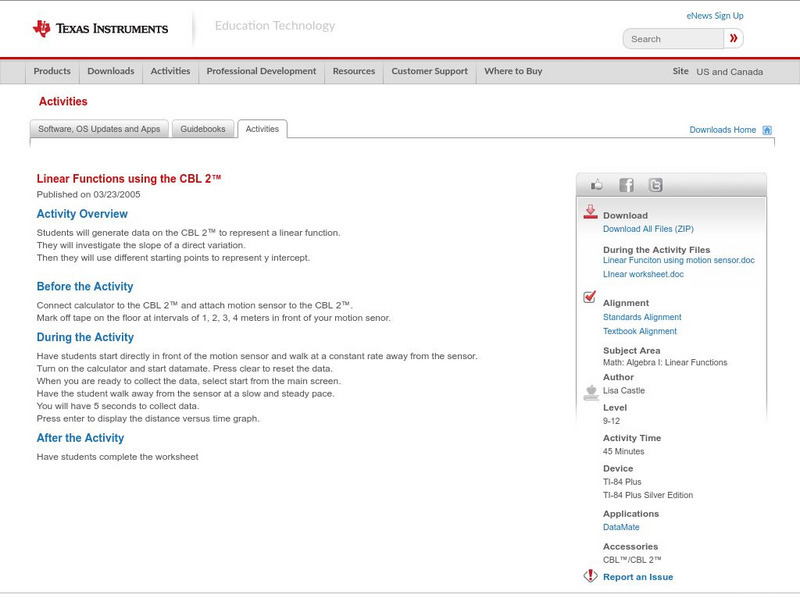 Texas Instruments: Linear Functions Using the Cbl 2 Activity Texas Instruments: Linear Functions Using the Cbl 2 Activity
