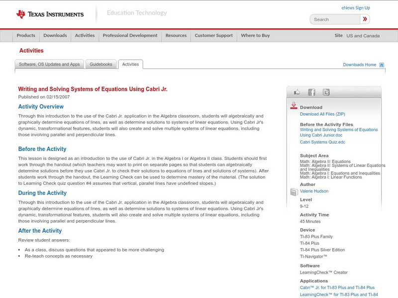 Texas Instruments: Writing and Solving Systems of Equations Using Cabri Jr. Activity