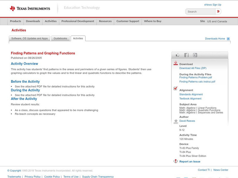 Texas Instruments: Finding Patterns and Graphing Functions Activity Texas Instruments: Finding Patterns and Graphing Functions Activity