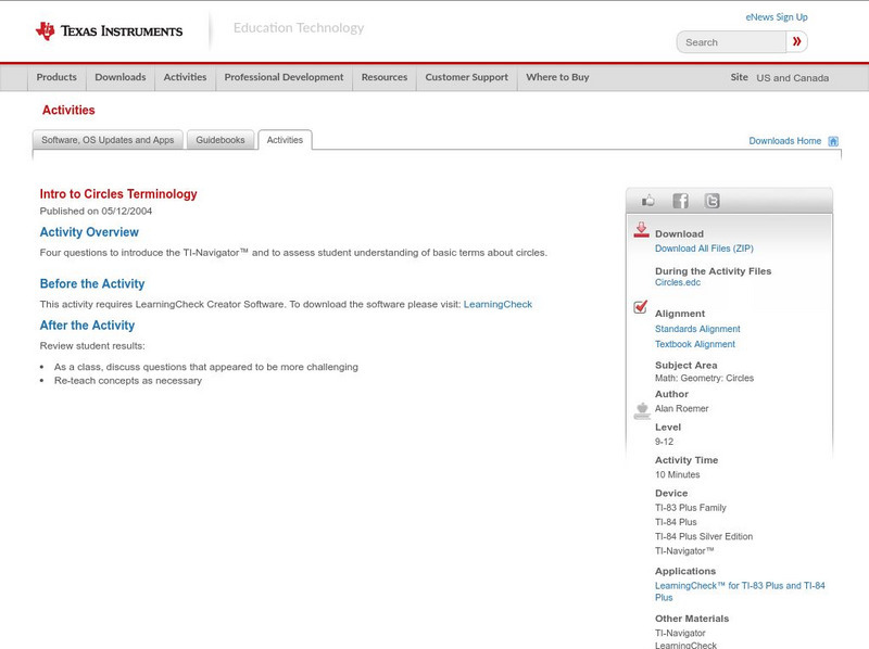 Texas Instruments: Intro to Circles Terminology Activity
