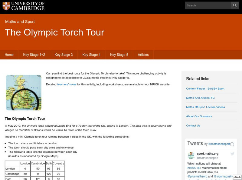 University of Cambridge: Maths and Sports: The Olympic Torch Tour Activity University of Cambridge: Maths and Sports: The Olympic Torch Tour Activity