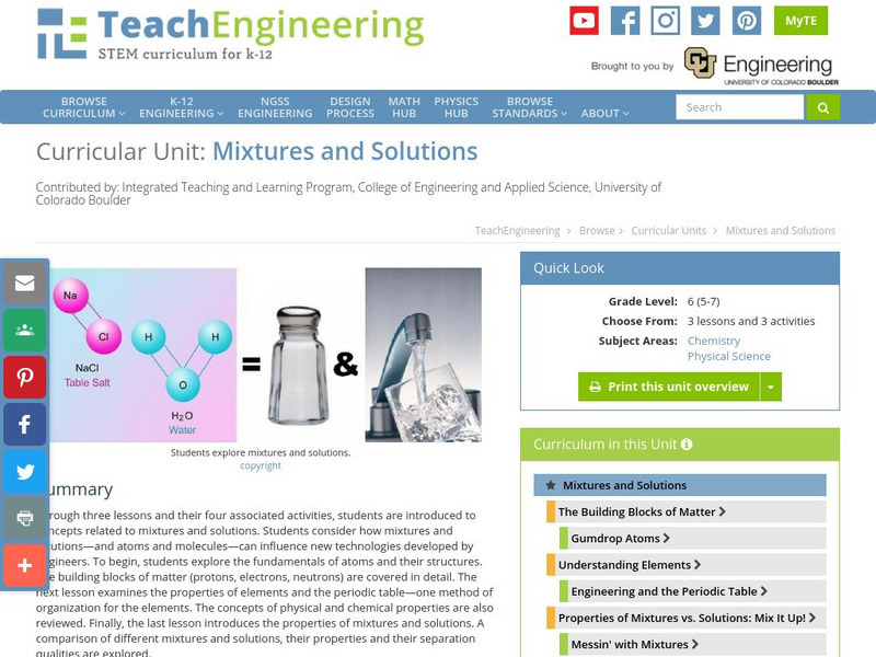 Teach Engineering: Mixtures and Solutions Unit Plan Teach Engineering: Mixtures and Solutions Unit Plan