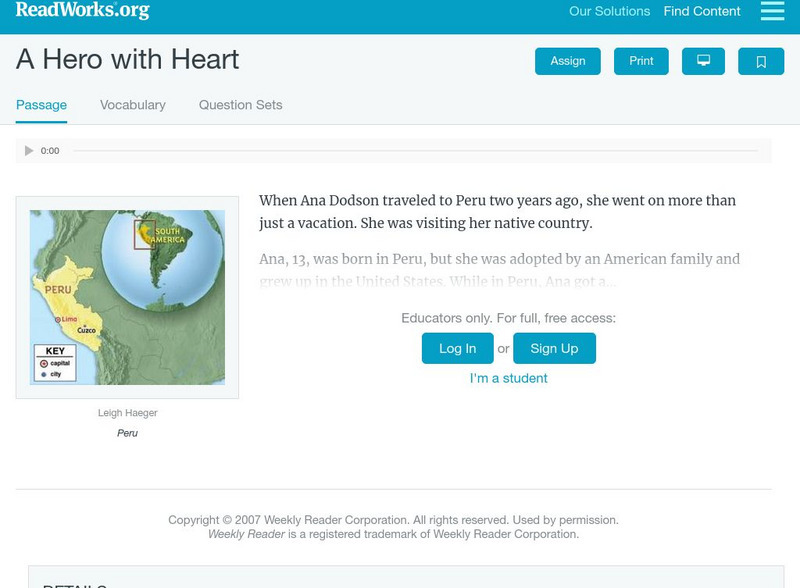 Read Works: A Hero With Heart Activity Read Works: A Hero With Heart Activity
