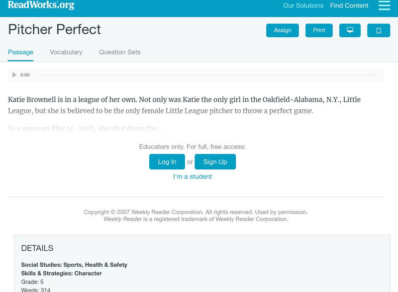 Read Works: Pitcher Perfect Activity Read Works: Pitcher Perfect Activity