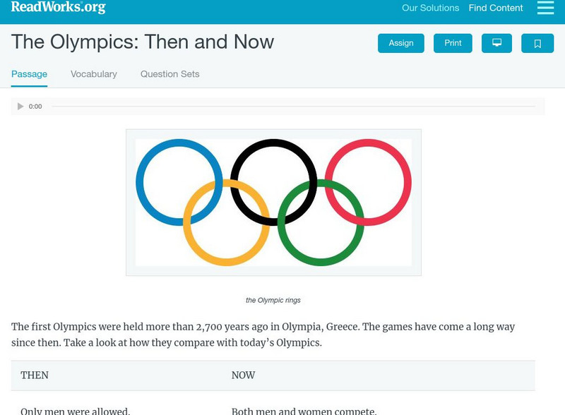 Read Works: The Olympics Then and Now Activity Read Works: The Olympics Then and Now Activity