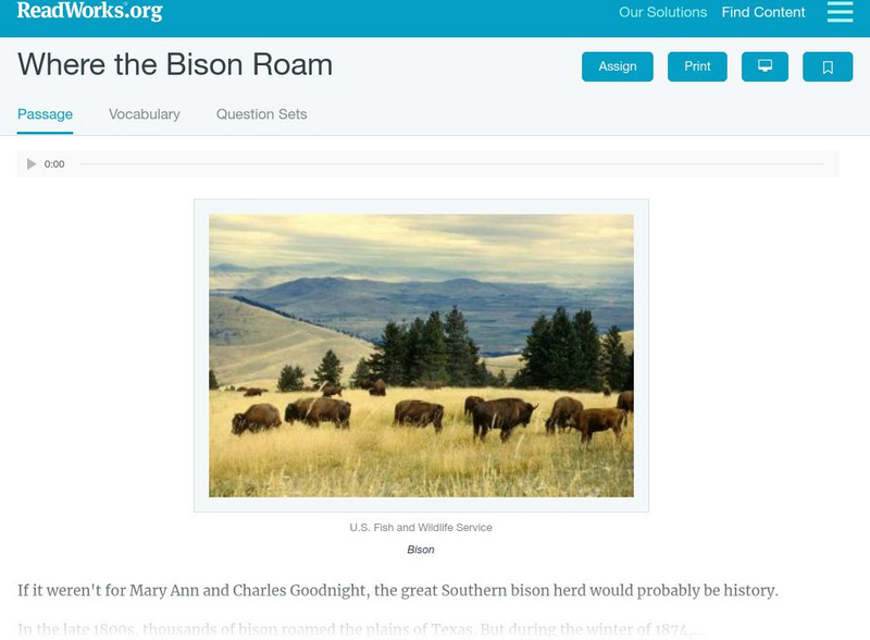 Read Works: Where the Bison Roam Activity