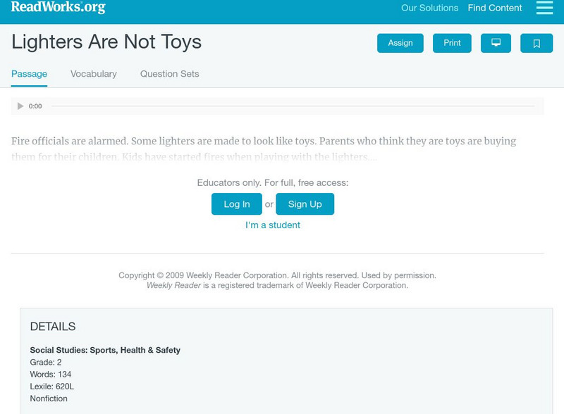 Read Works: Lighters Are Not Toys Activity